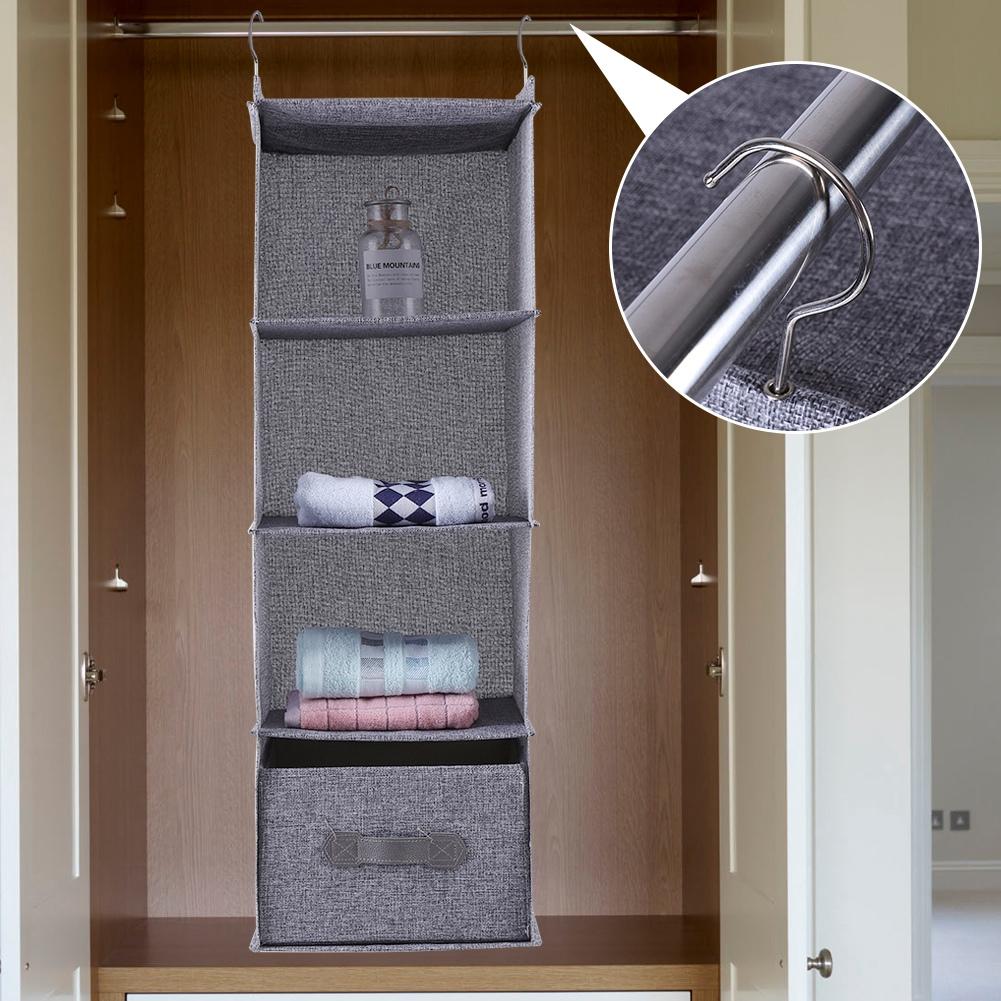 Hanging Closet Organizer Clothes Clothing Storage Holder 4 Shelves with Drawer (Gray)
