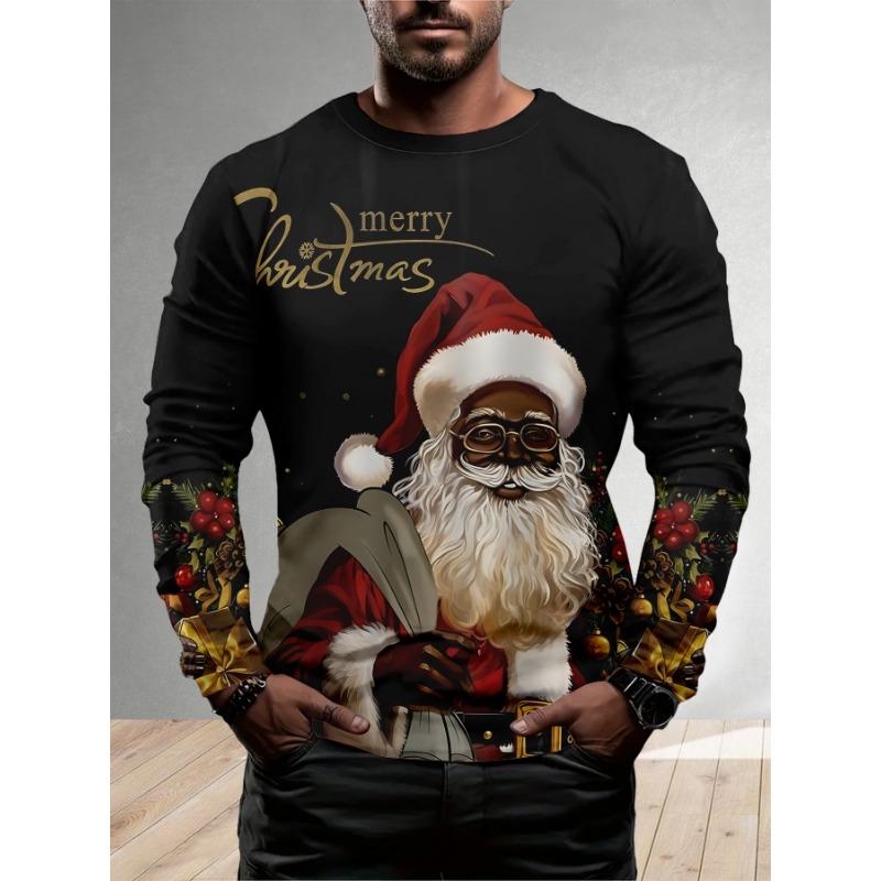 Men's 3D Digital Printing Trendy Santa Claus Summer Long-sleeved T-shirt, Casual and Versatile Round Neck Design