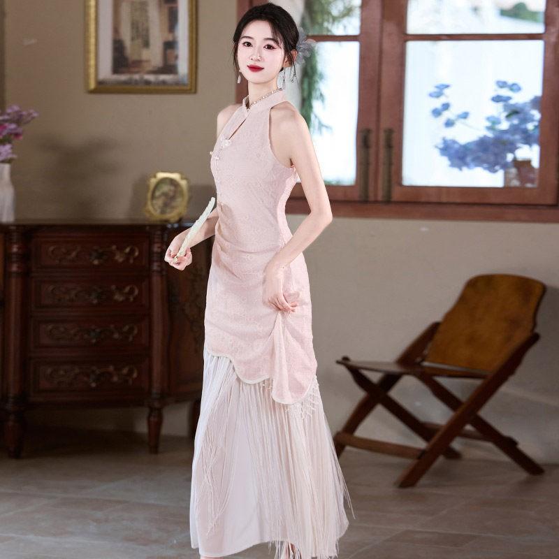 Pink Modern Chinese Style Sleeveless Cheongsam Dress With Lace Embroidery Women 2026