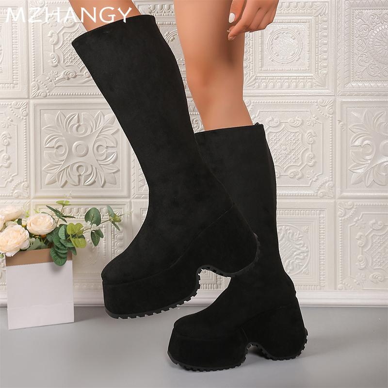 Модная платформа Женские замшевые высокие сапоги на высоком каблуке Сапоги до колена — фото 3