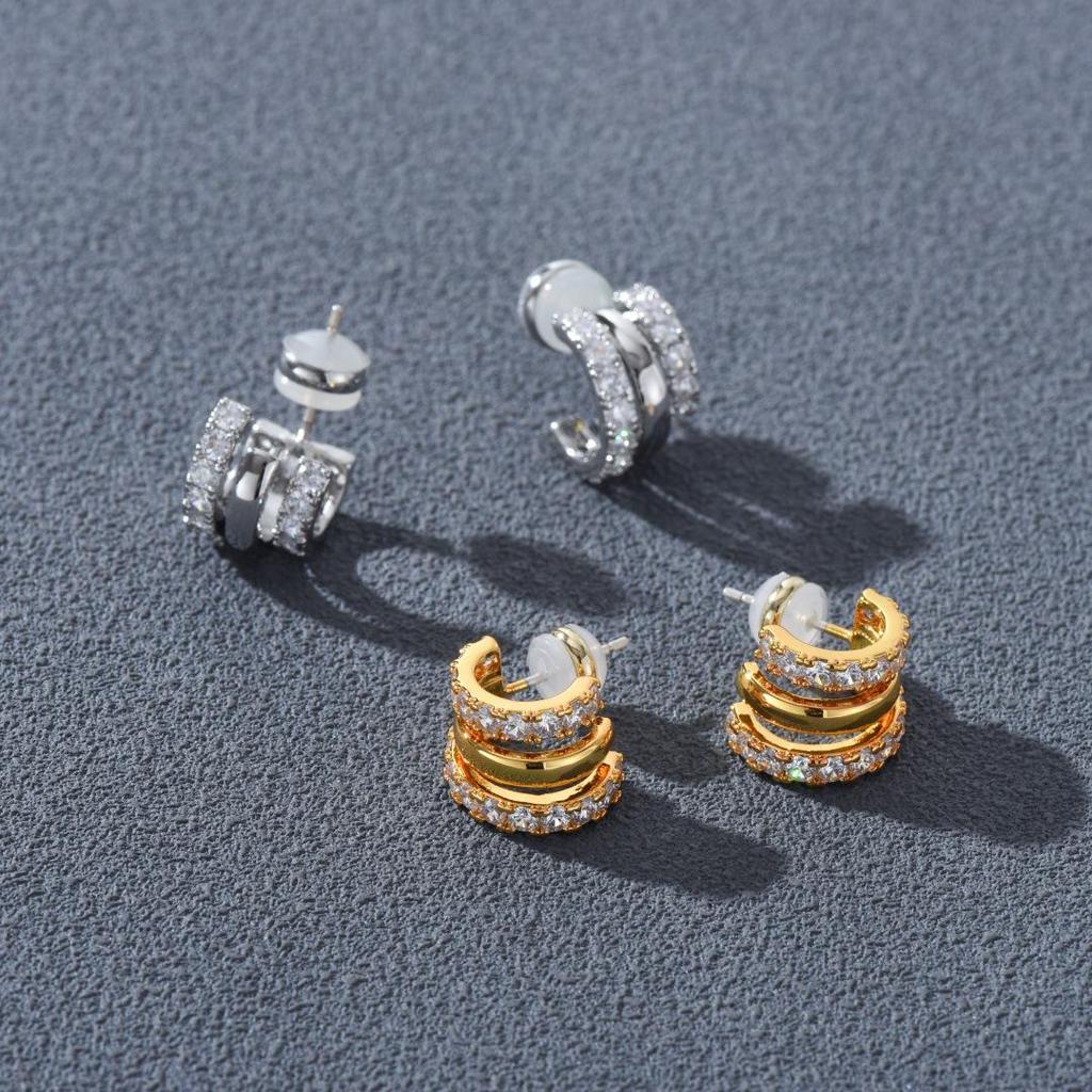 Chic High-End Micro Zirconia C-Shaped Tassel Earrings with S925 Silver Needle