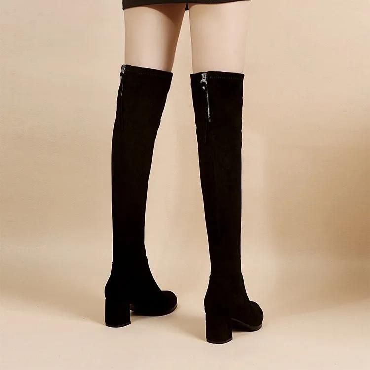 Mode Wildlederimitat Damenabsätze Herbst Reißverschluss Elastische Kniehohe Stiefel für Frauen Schaft Schnürung Oberschenkelhohe Stiefel Schwarz Botas Mujer 2025