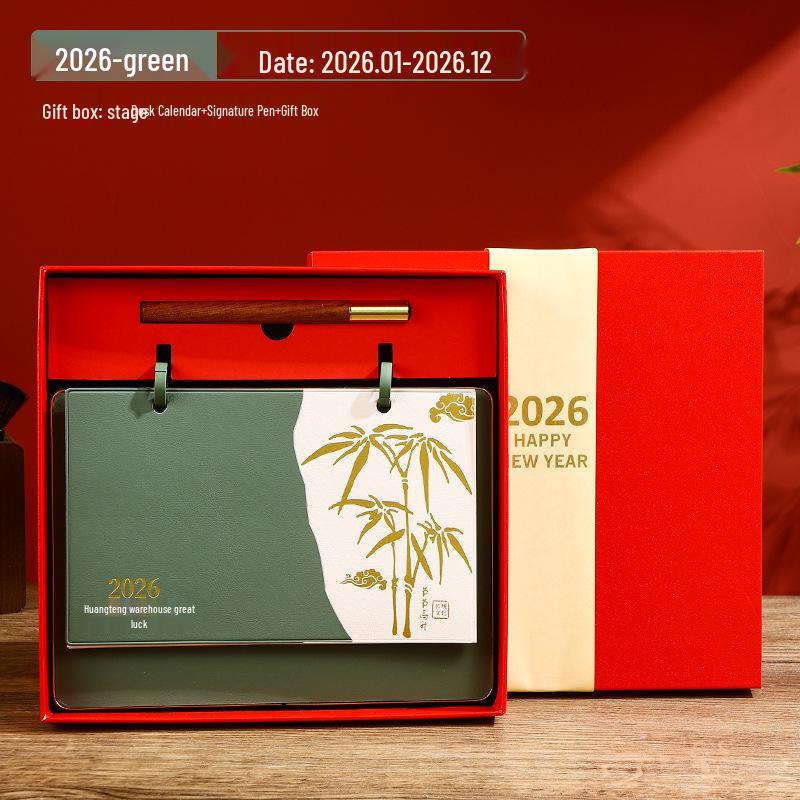 2026 Year of the Horse Leather Desk Calendar with Pen Holder, Custom Logo, Monthly Overview, Multifunctional Office Ornament.