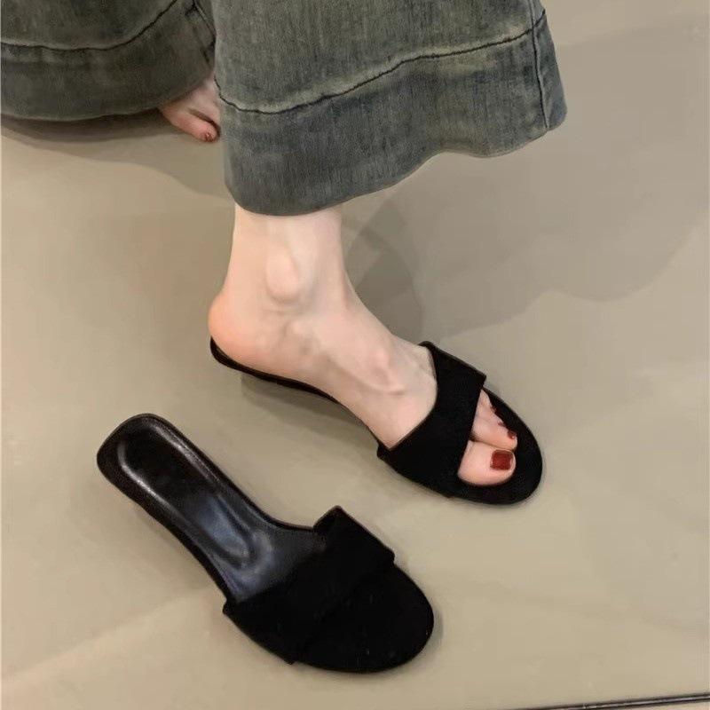 Niche design cool slippers summer French simple suede versatile open-toed wedge heel one-word sandals