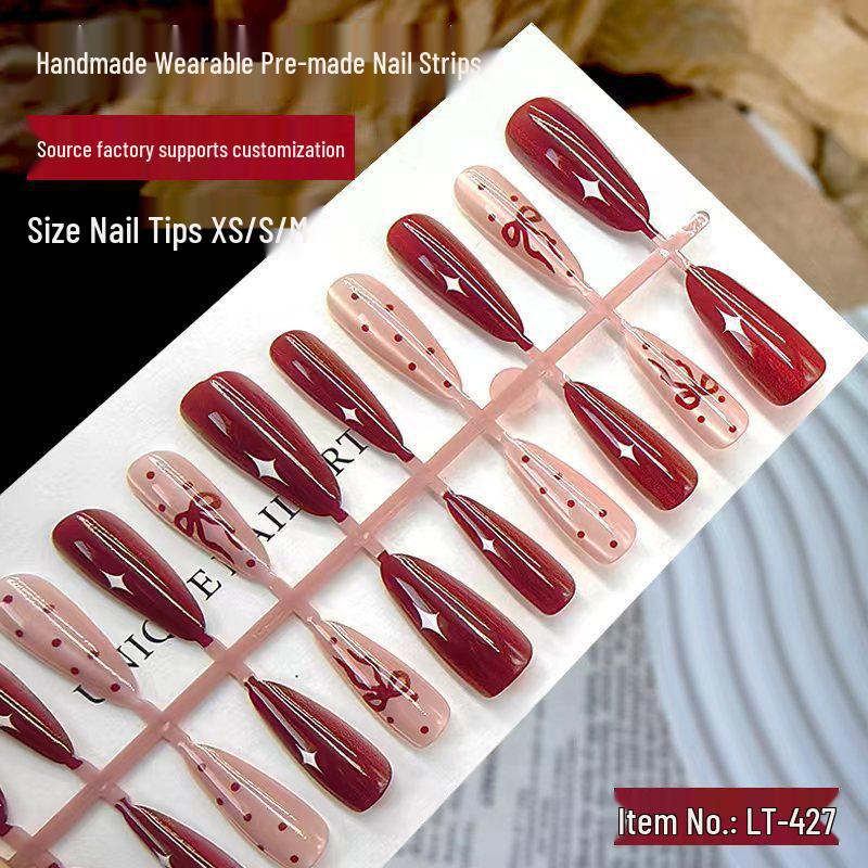 Французское вино Красный бант Кошачий глаз Наклейки для ногтей: Высококачественное отбеливание, съемный и носимый для новогоднего маникюра