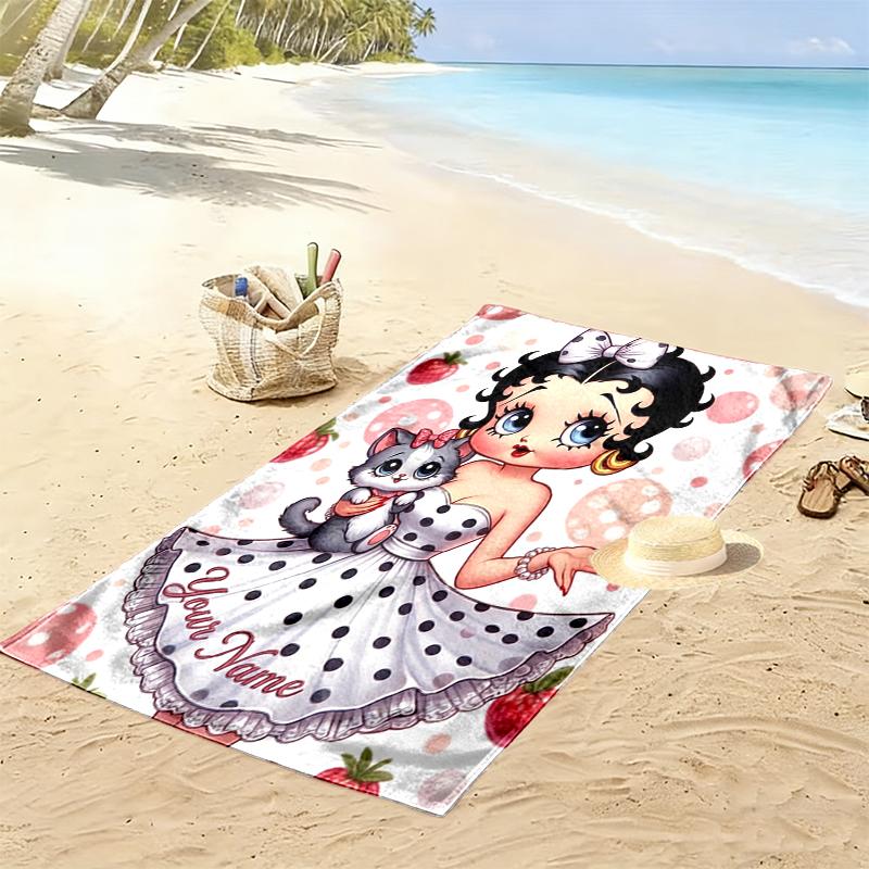 Custom NameBetty Boop, strawberries, polka dots Beach Towel Soft Microfiber Summer Towel Quick Dry Absorbent Towel for Beach Swimming Pool Travel