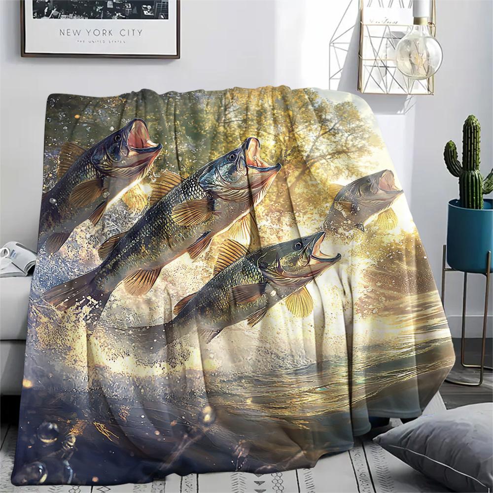 Flanelová deka s potiskem ryb, Vysoce kvalitní, Pohodlná pro všechna roční období, Domácí dekorace, Teplo a pohodlí, Perfektní jako vánoční dárky