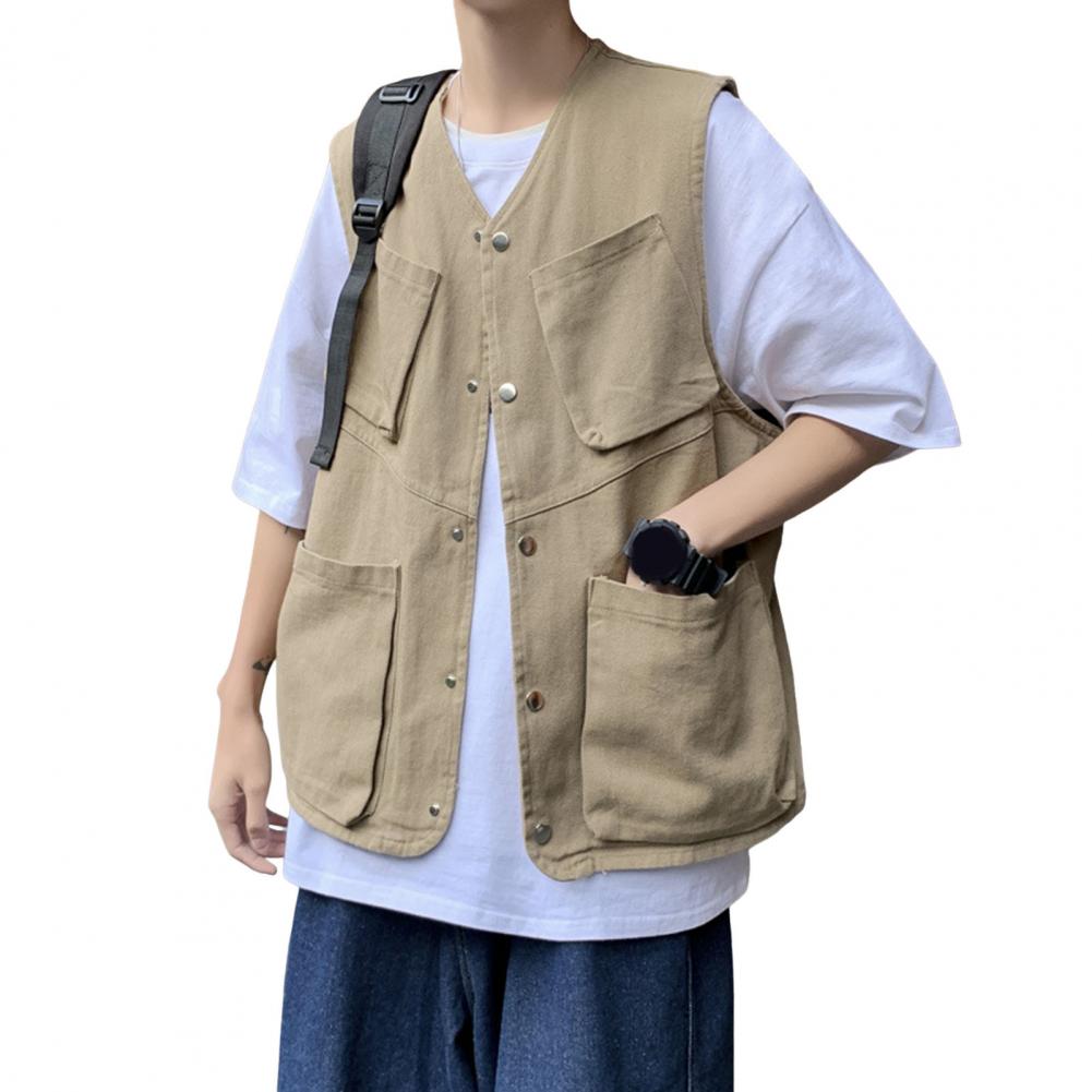 Men Cargo Waistcoat Sleeveless Single Breasted Multi Pockets Design One Tone Athletic Vest Outdoor Use Street Wear