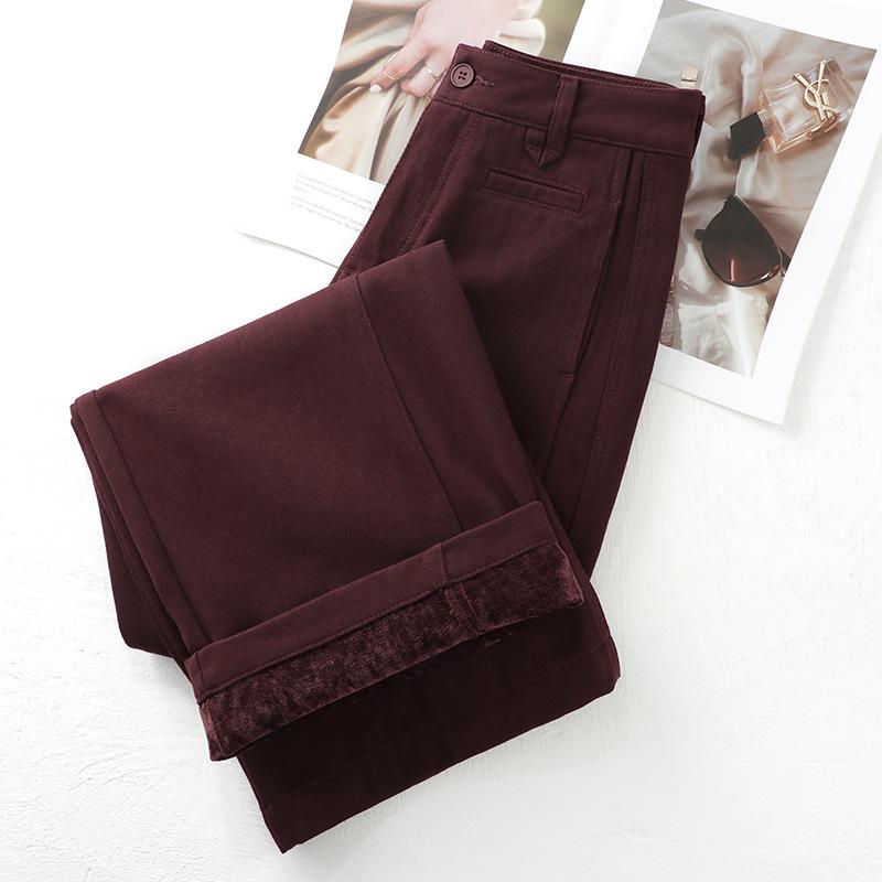 Ancola Women's Red Fleece-Lined Vintage Straight-Leg Jeans - Autumn/Winter 2024 Loose Slim-Fit Wide-Leg Pants.