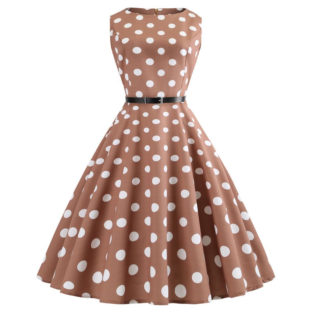 Women's Retro Hepburn Style One Neckline Sleeveless Polka Dot Printed Dress with Black Belt
