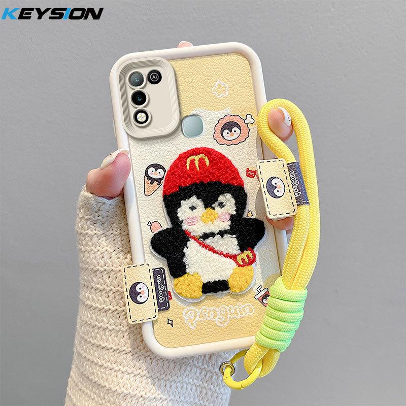 KEYSION Cartoon Cute Plush Embroidery Case for Infinix Hot 11 Play with Lanyard PU Leather Shockproof Phone Cover for Infinix Hot 10 9 Play