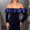 European and American one-word shoulder solid color tube top evening dress long-sleeved sequined dress slim temperament hip fish tail dress