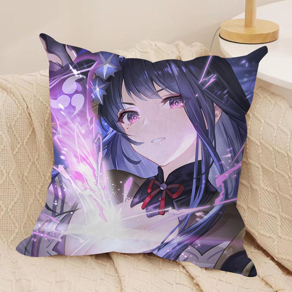 Raiden Shogun Genshin Impact Cushion Cover Silky Short Plush Invisible Zipper Dustproof Sofa Pillow Case For Home Decor