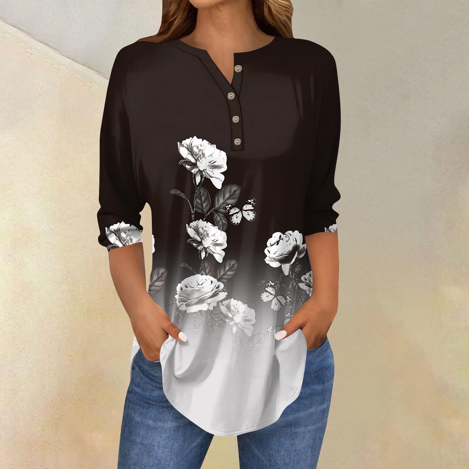 

Женские топы с рукавами 3/4, летние футболки с цветочным принтом и V-образным вырезом, повседневные базовые футболки с пуговицами, туники S