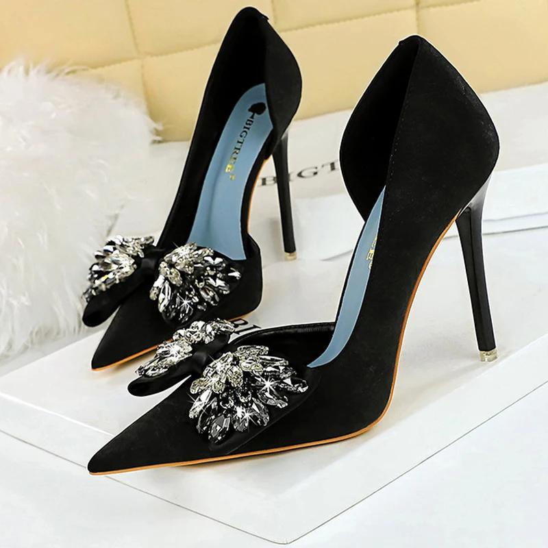 

Shoes Rhinestone Bow Women Pumps Luxury Banquet Shoes Sexy High Heels Women Stilettos Party Shoes Large Size 43