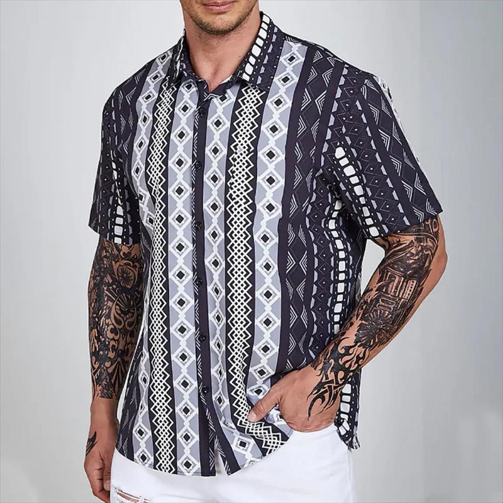 Men's Tropical Plant Print Short Sleeve Shirt, Loose Fit Lapel Button-down Top for Beach Vacation and Daily Wear