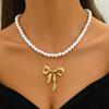 Elegant Faux Pearl & Metal Bow Pendant Necklace for Women