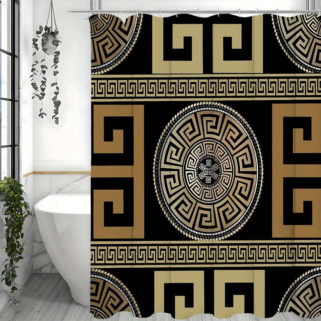 Elegantní řecký klíč sprchový závěs: Přijměte klasický zlatý design, měkkou látku a nadčasovou atmosféru pro vaši luxusní koupelnu