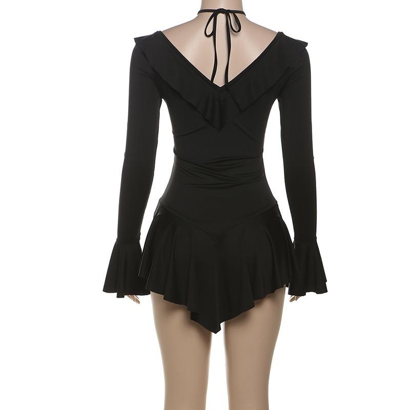 Podzimní a zimní dámské sexy šaty s hlubokým výstřihem do V na zavazování, úzká sukně, jednobarevné, s dřevěným okrajem, s dlouhým rukávem