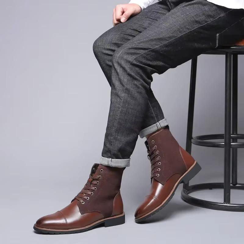 New Designer Fashion Casual Boots for Men Big Size Solid Color Lace Autumn Winter Ankle Boots Male Designer Leather Shoes Male