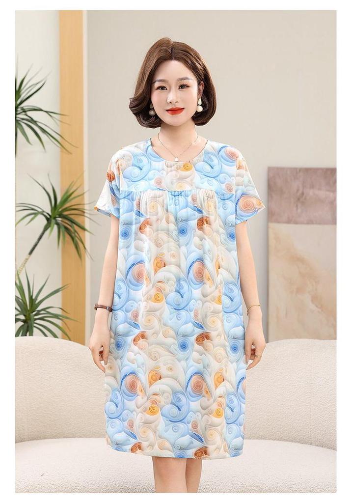 Summer Cotton Silk Knee-Length Floral Dress for Middle-Aged and Elderly Women - Short Sleeved, Lightweight, Plus Size, Loose Fit