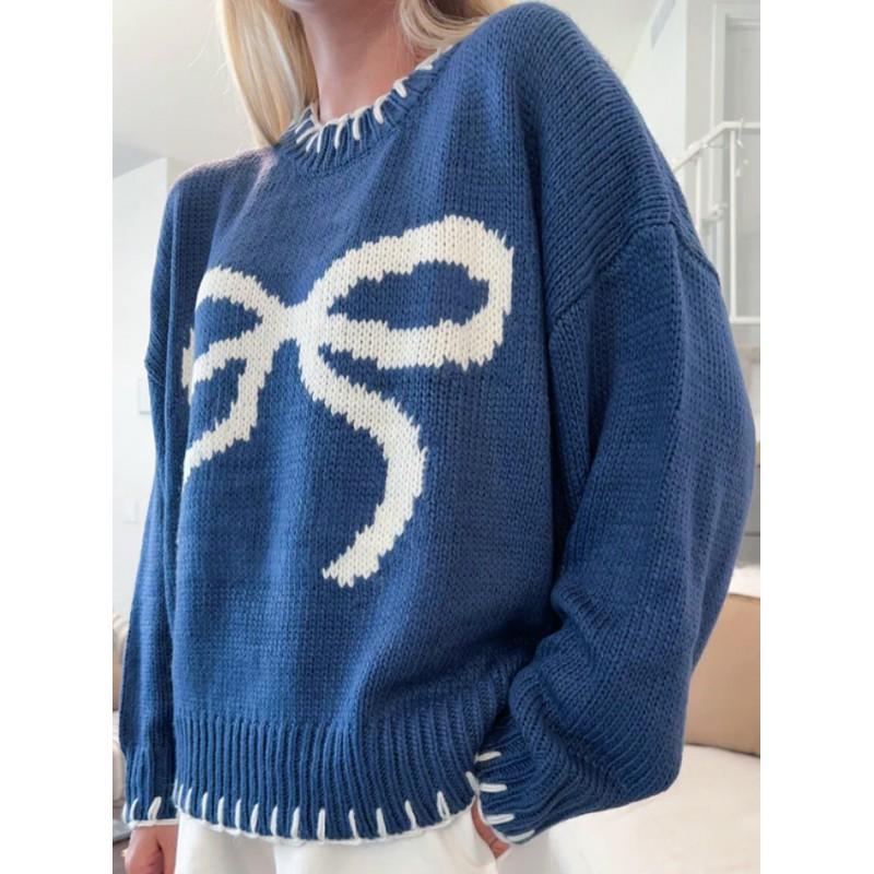 Womens Oversized Knit Sweater With Bow Embroidery Loose Fit Cozy Winter Pullover