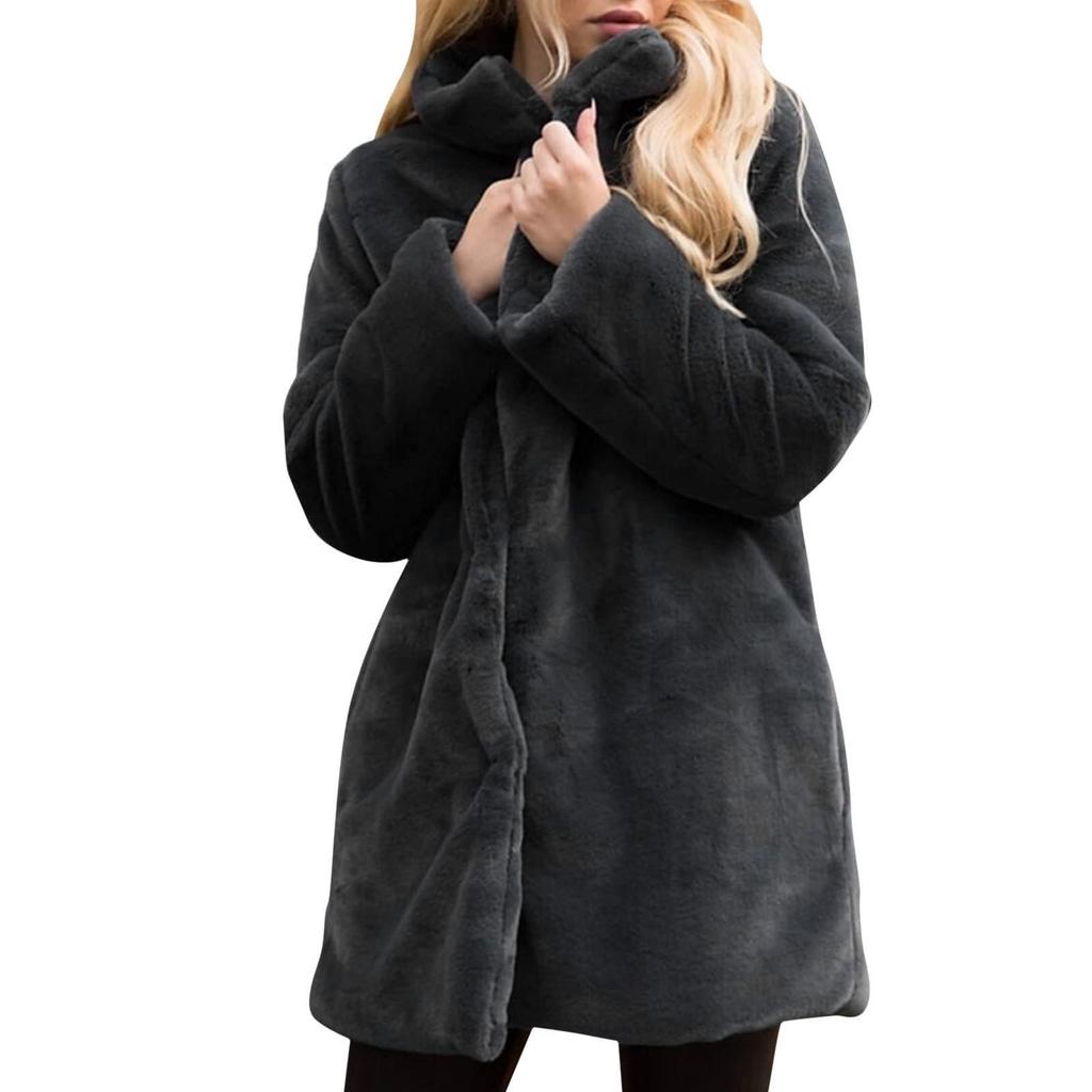 Women's Winter Faux Belt Pocket Plush Warm Jacket Notch Lapel Coat Outerwear Mid-Length