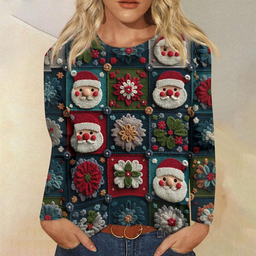 Women's Fashion Casual Long Sleeve  Print Round Neck Top