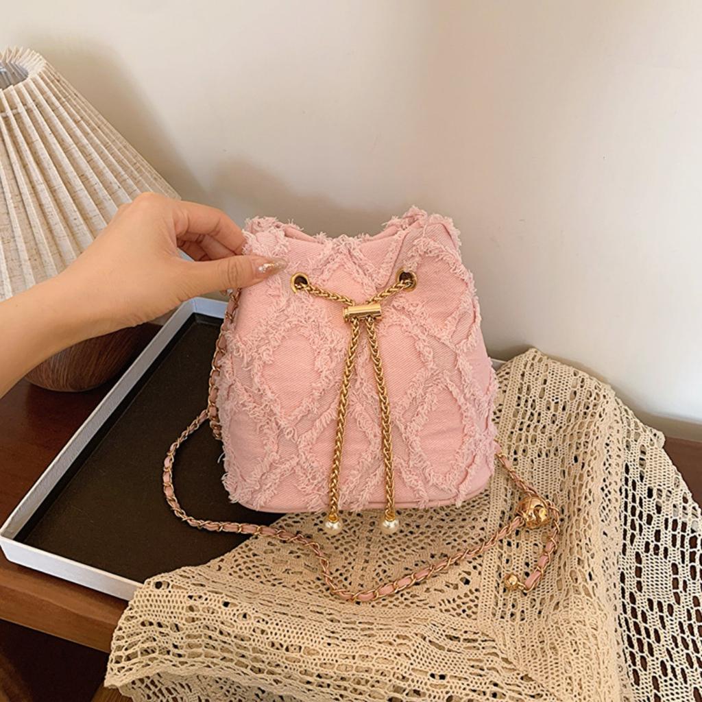 Ling Grid Řetízková Kbelíková Taška, Jednoduchá Crossbody Taška, Dámská Módní Ramenní Taška se Stahovací Šňůrkou a Střapcem