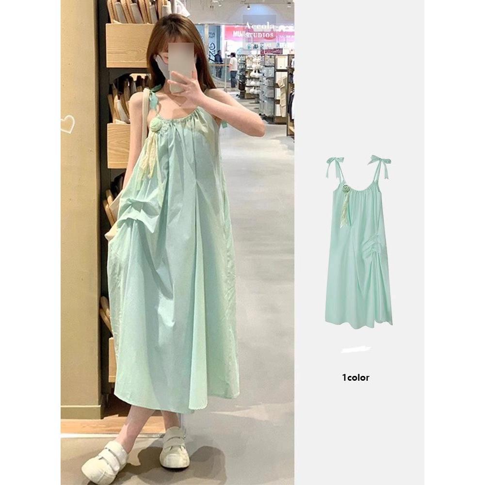 

Mint Green French Seaside Spaghetti Strap Dress - Spring/Summer Chic Long Skirt M-(recommended for 90-100 jin) зелений
