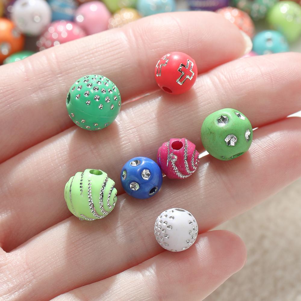 50/100Pcs 8/10mm Round mixed Colorful Acrylic Beads With Crystal Rhinestone Spacer Loose Bead for DIY Jewelry Making Accessorie