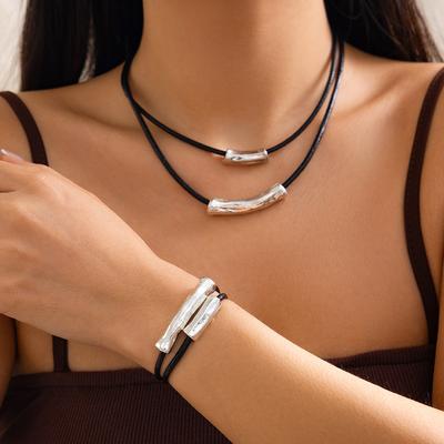 PuRui Trendy Double-layer Black Leather Wax Thread Adjustable Necklace Bracelet  Women Daily Versatile Aesthetic Zircon Suit