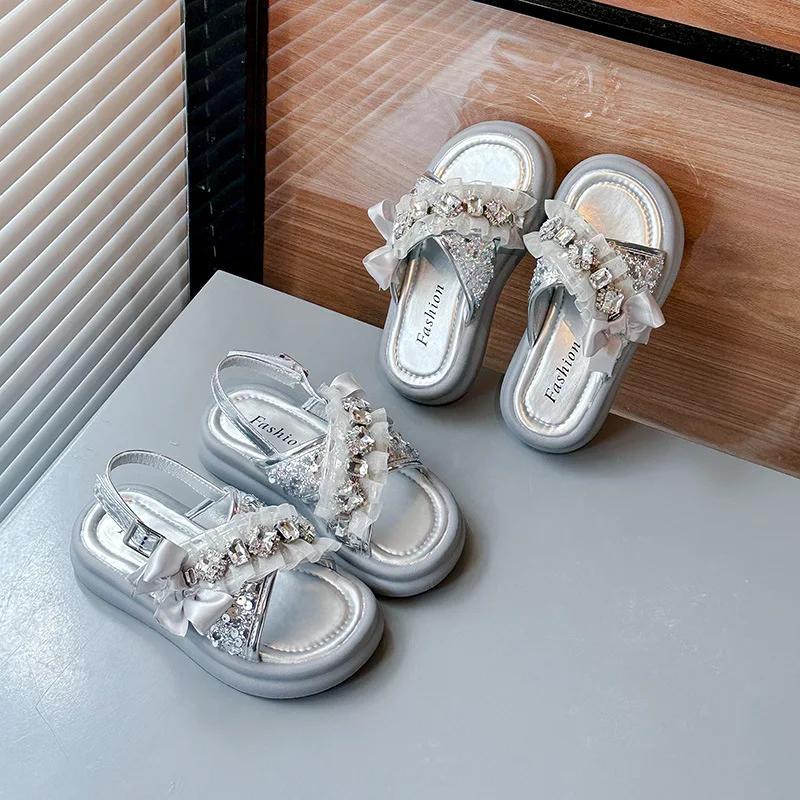 Girls Beach Shoes with Shiny Crystal Kids Fashion Soft Slippers/Sandals for Vacation Girls' Princess Shoes Elegant Temperament