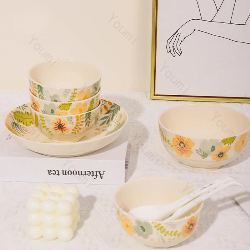Exquisite Flowers Ceramic Plate Coffee Shop Afternoon Tea Dessert Fruit Plate Delicious Dishes Deep Soup Plates Home Tableware