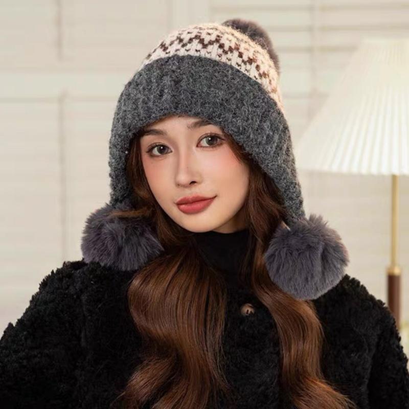 Bonnet Tricoté Rétro Style Îles Féroé pour Femmes Chapeau Chaud Automne Hiver Polyvalent Mignon Chapeau Oreilles Protection Pompon