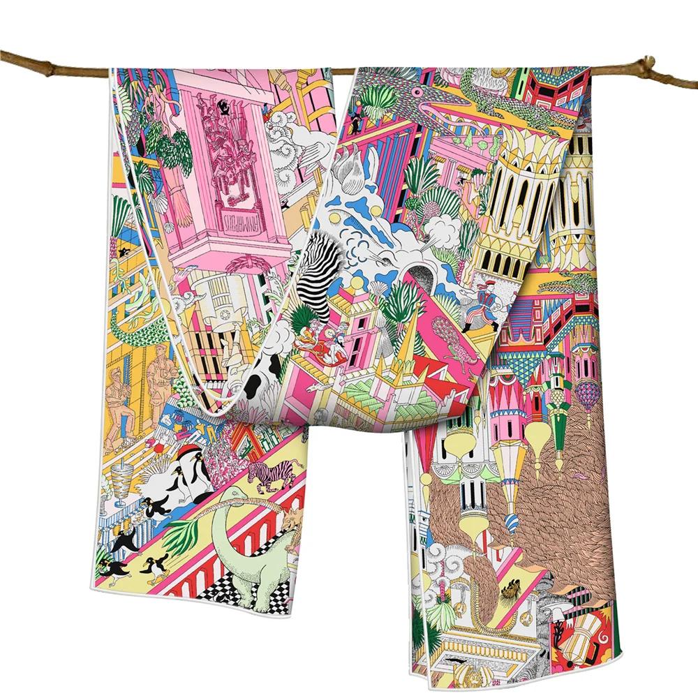 

Twill Silk Scarf Women Poncho Hand Rolled Animals Printed Long Scarves Wraps Bandana Big Shawl Hijabs Female Foulards 150CM x 40CM жёлтый