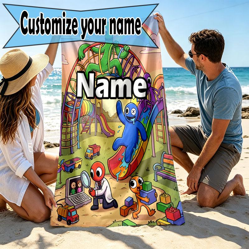 Custom Name Personalized Game Rainbow Friends Print Beach Towel, for Trip Camping Beach Party Home Decor, Birthday Gift for Family & Friends