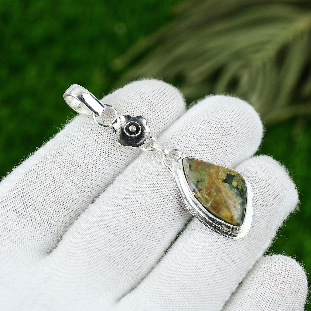 Natural Ocean Jasper Gemstone Pendant Green 925 Sterling Silver Indian Jewelry