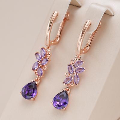 Shiny Purple Natural Zircon Long Dangle Earrings For Women  Rose Gold Color Vintage Ethnic Bride Daily Fine Jewelry