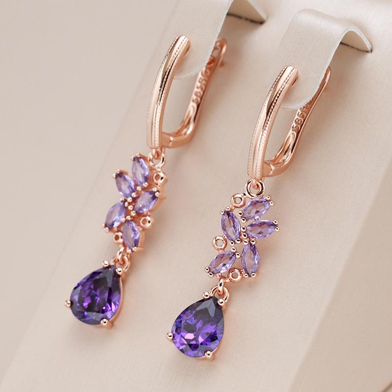 Shiny Purple Natural Zircon Long Dangle Earrings For Women  Rose Gold Color Vintage Ethnic Bride Daily Fine Jewelry