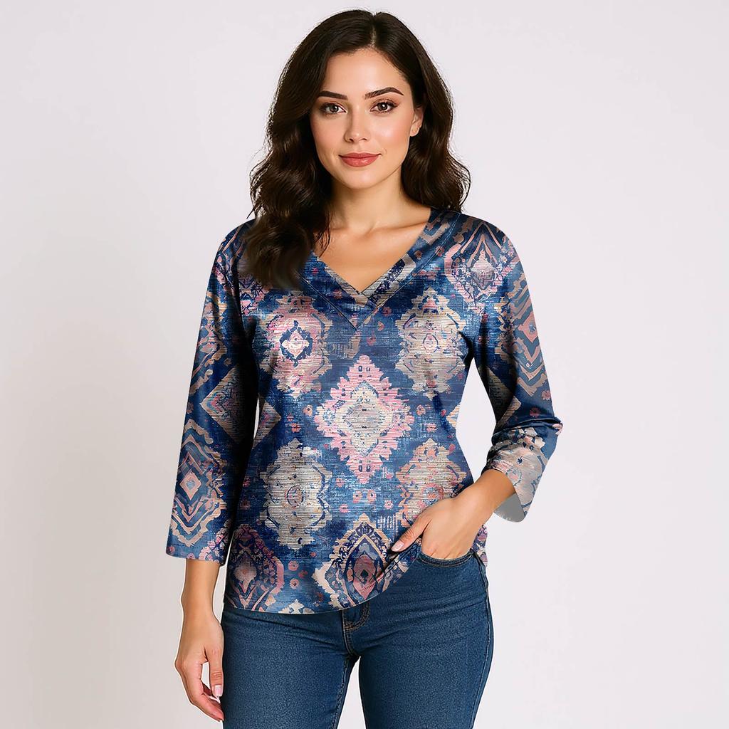 Women's 3/4 Sleeve Shirts V Neck Print Tops Casual Tops Basic Tees Blouse Loose Tops
