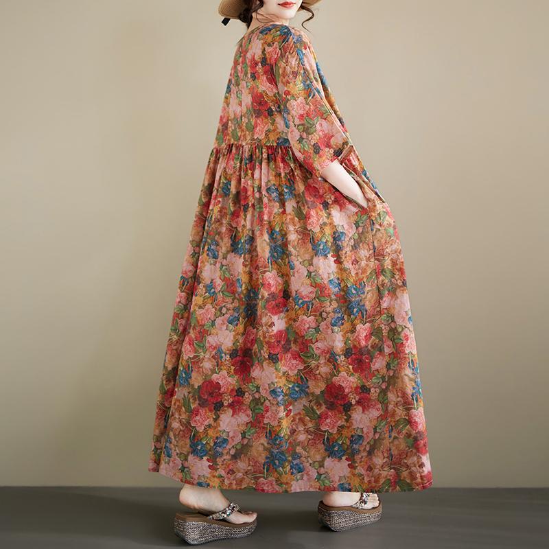 DIMANAF New 2026 Summer Beach Women Plus Size Lady Long Dress Loose Oversize Maxi Fashion Floral Print Cotton