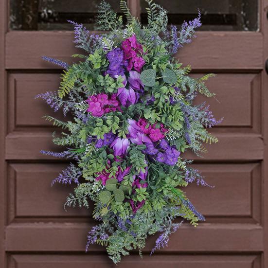 Purple Tulip Wreath with Hydrangea & Hyacinth Artificial Flower Lavender Garland Realistic Spring-Summer Floral Decor for Door Wall Home & Party