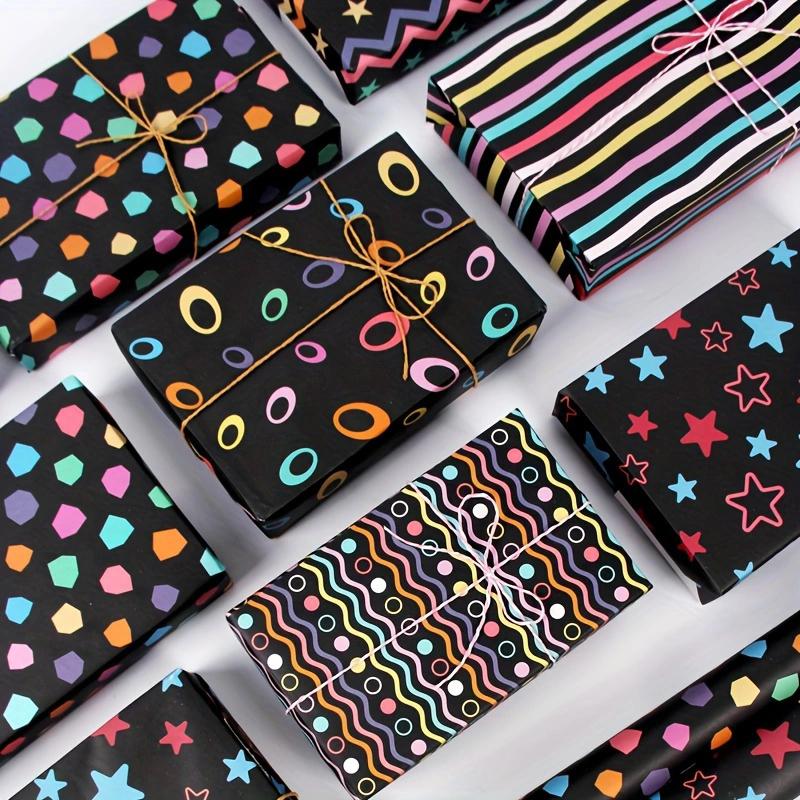 Ein Set festliches schwarz gestreiftes Geschenkpapier mit 6 Papierbögen und Zubehör, geeignet für Geburtstagsgeschenke, Tapetenhintergründe, DIY