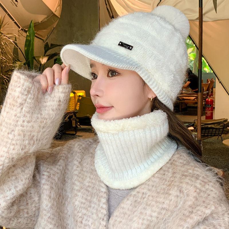 Fleece warm knitted hat women's autumn and winter plush line duck tongue baseball cap scarf cover show face cap