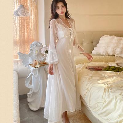 Damen Nachthemd Sommer Sexy Spitze Patchwork Langarm Damen Nachthemd V-Ausschnitt Seide Wie Nachtwäsche Satin Nachtkleid Weiblich