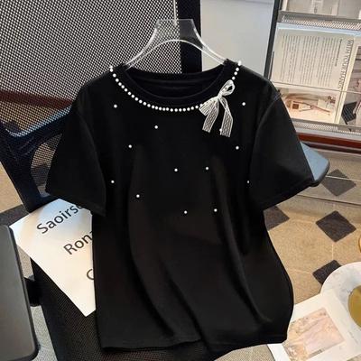Süßes Perlen-Schleifen Kurzarm-T-Shirt für Damen im Sommer Koreanischer Stil Vielseitiges Oberteil