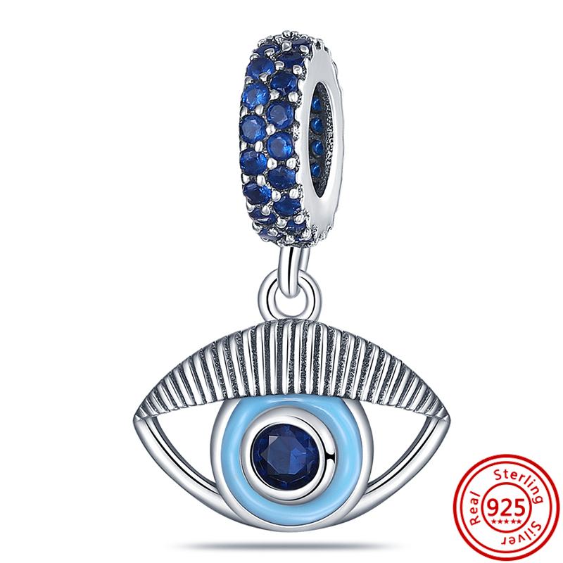 Authentischer S925 Sterling Silber Anhänger mit blauen Dämonenaugen, Palmen-Serie, runde Perlen, passend für originale Charms-Armbänder, Damenschmuck