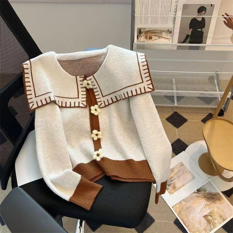 Flower Women's Sweater Navy collar solid color knitted sweaters Long sleeved autumn women Korean casual Loose top