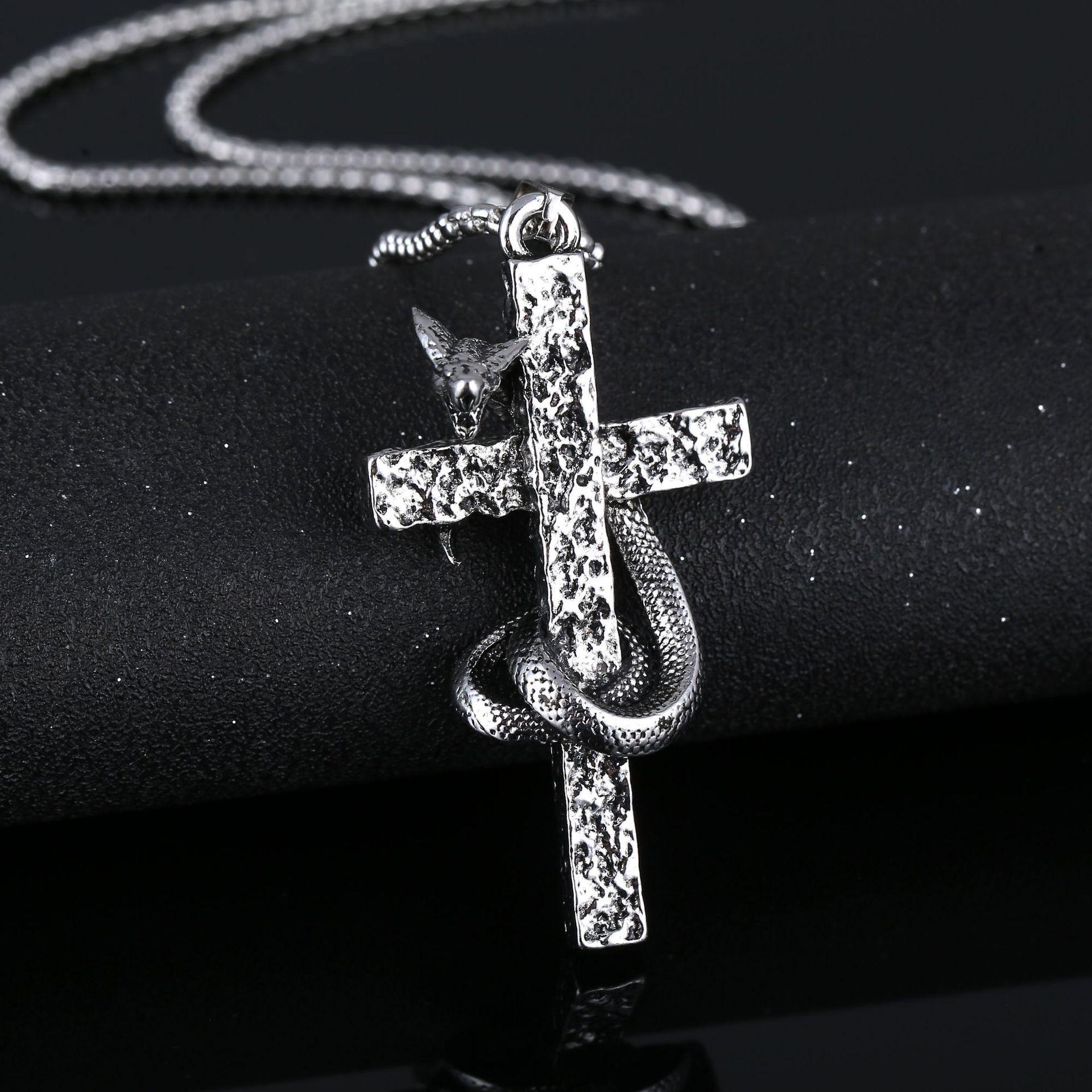 

Ins Retro Snake Wrapped Cross Pendant Hip Hop Rap Necklace Personality Titanium Steel Clavicle Chain For Men Women 1